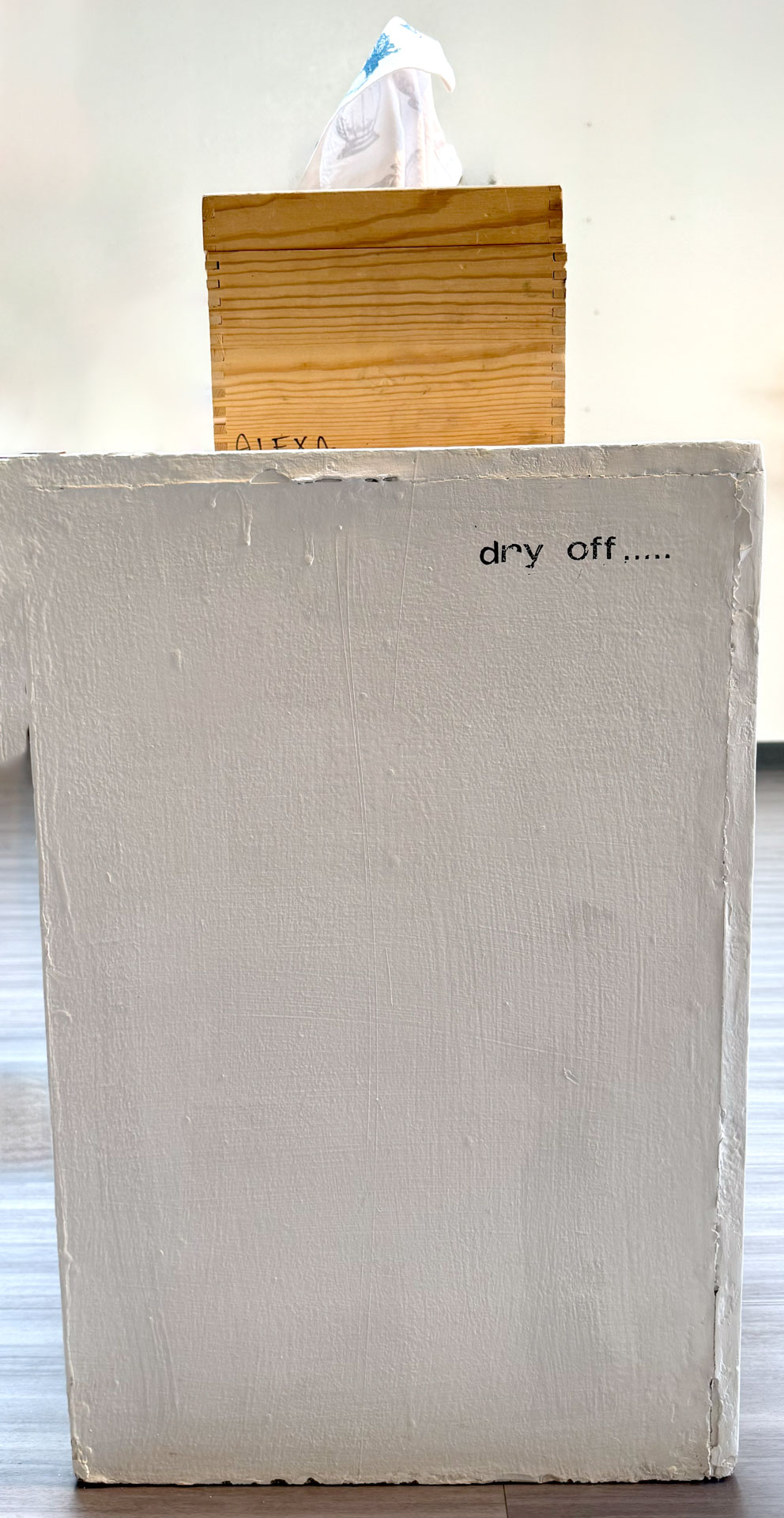 installation with installation with silkscreen napkins attached to ceiling in an arch travelling from a box to a pitcher