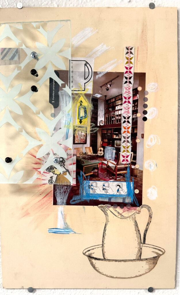 mixed-media work on wood, paper with engraved acrylic, hardware