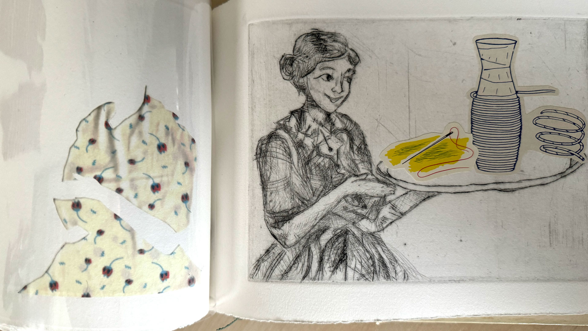 book with hardware binding, copperplate etching, mixed-media collage