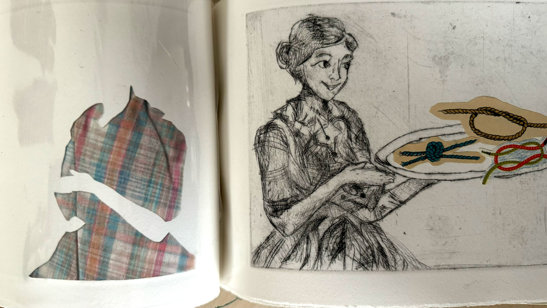 book with hardware binding, copperplate etching, mixed-media collage