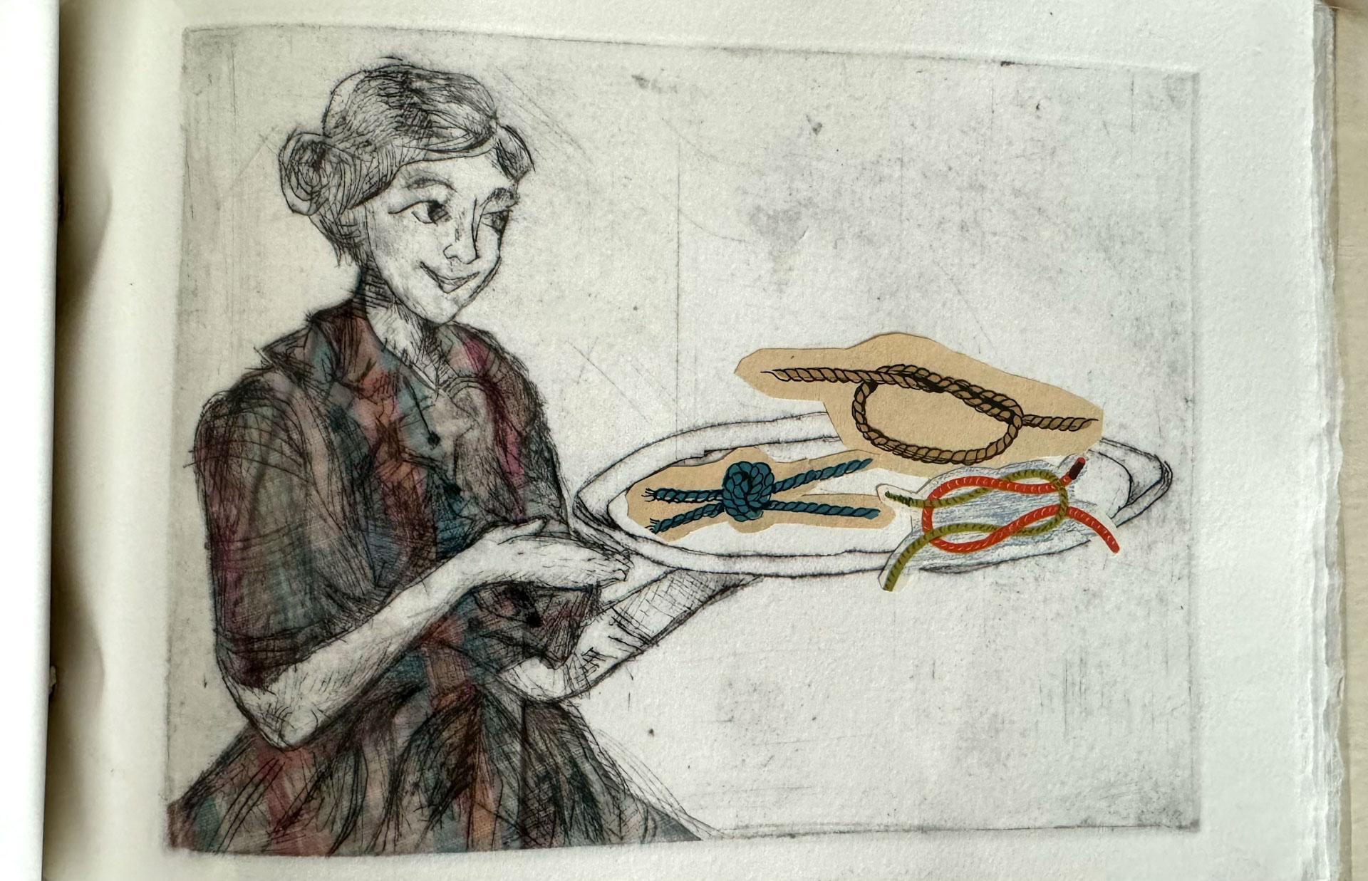 book with hardware binding, copperplate etching, mixed-media collage
