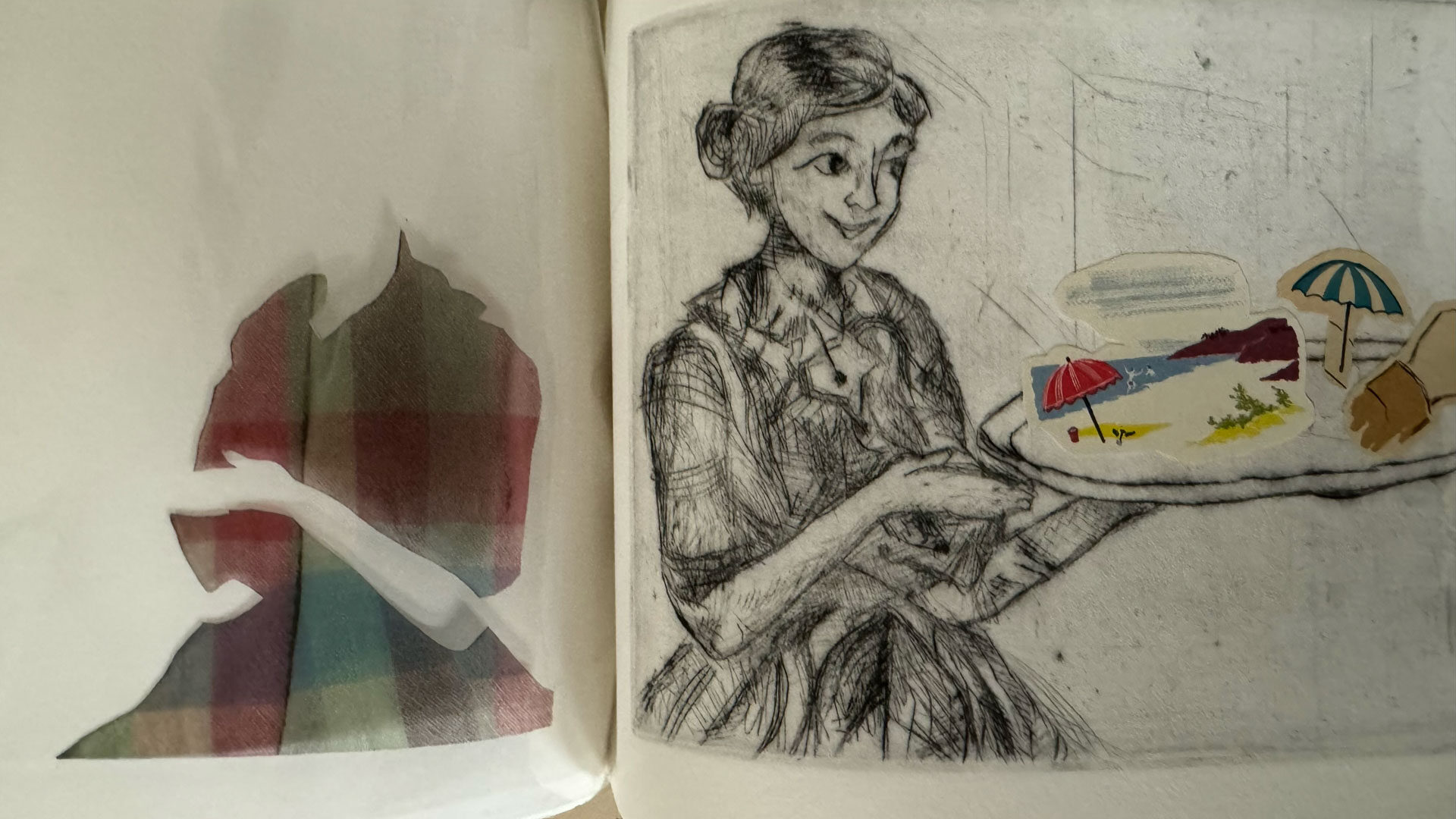 book with hardware binding, copperplate etching, mixed-media collage