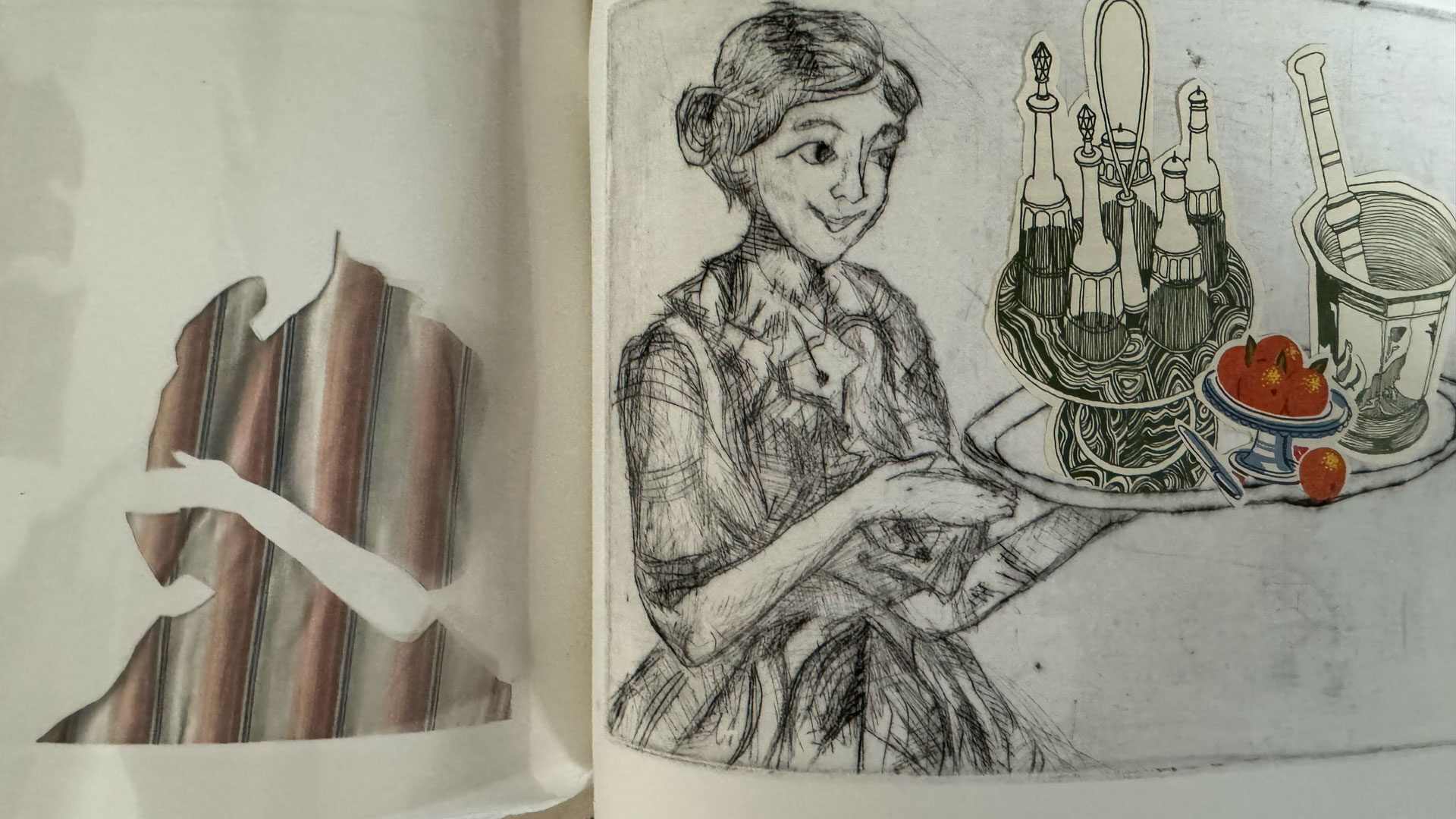 book with hardware binding, copperplate etching, mixed-media collage