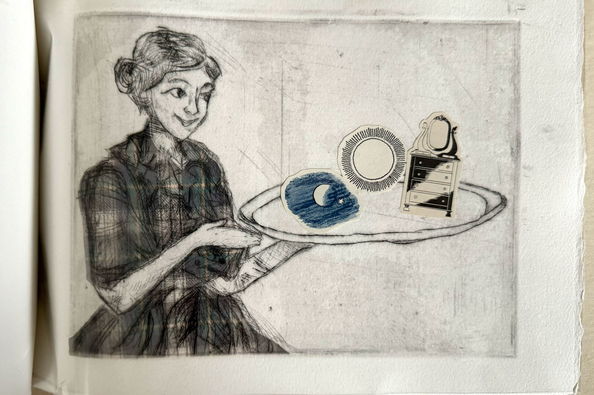 book with hardware binding, copperplate etching, mixed-media collage