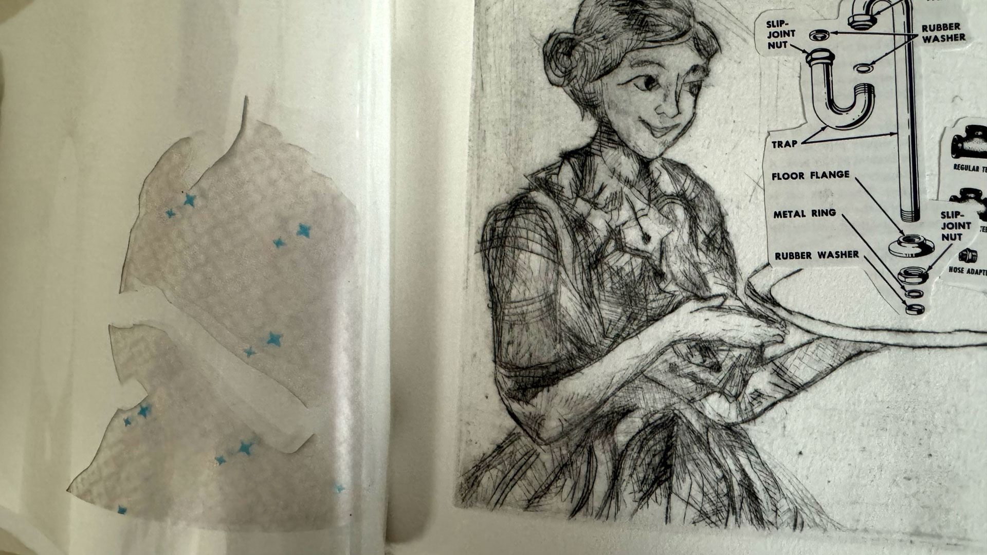 book with hardware binding, copperplate etching, mixed-media collage