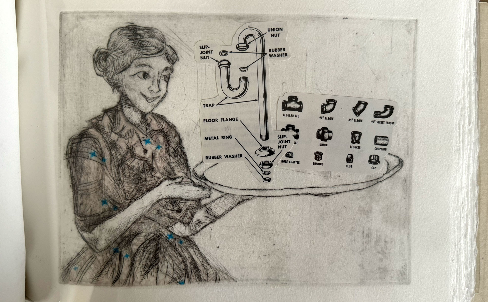 book with hardware binding, copperplate etching, mixed-media collage