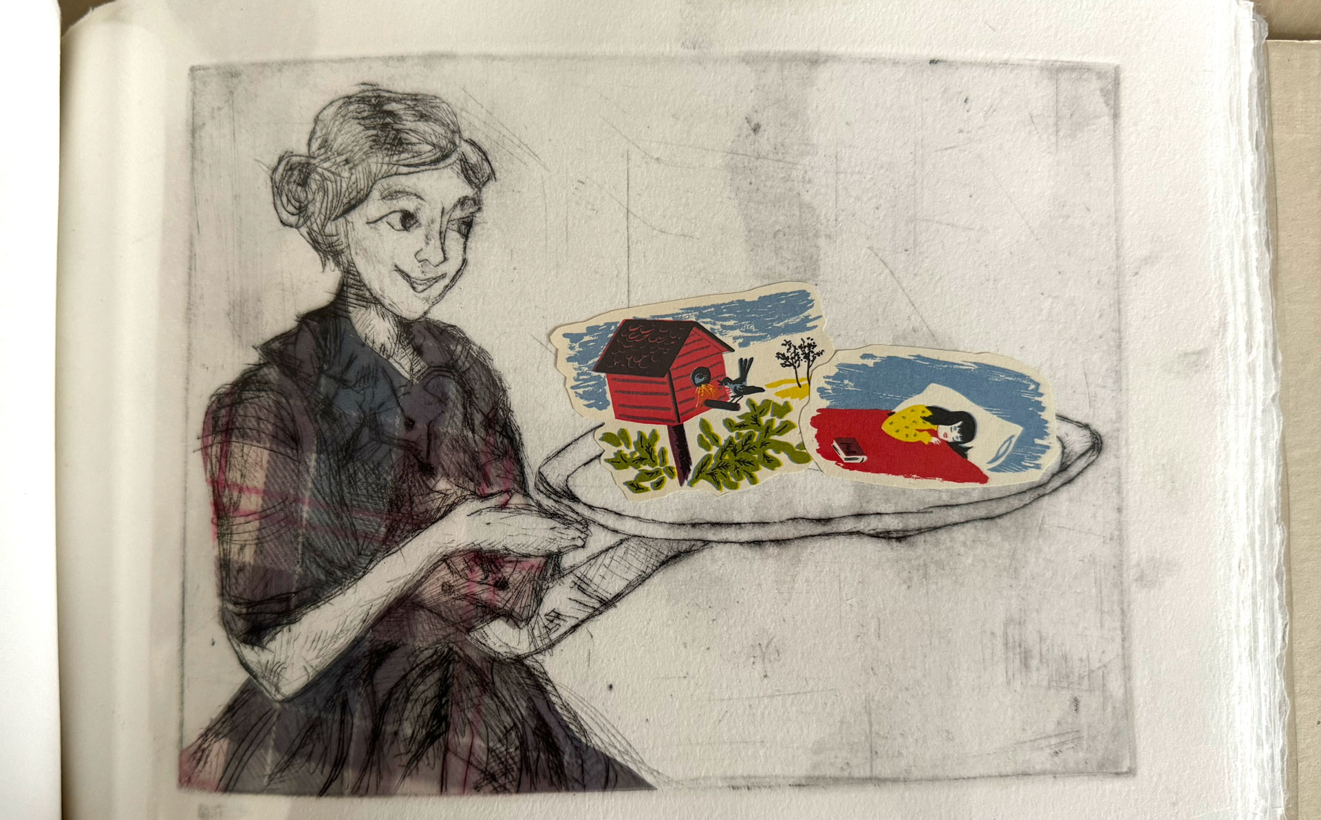 book with hardware binding, copperplate etching, mixed-media collage