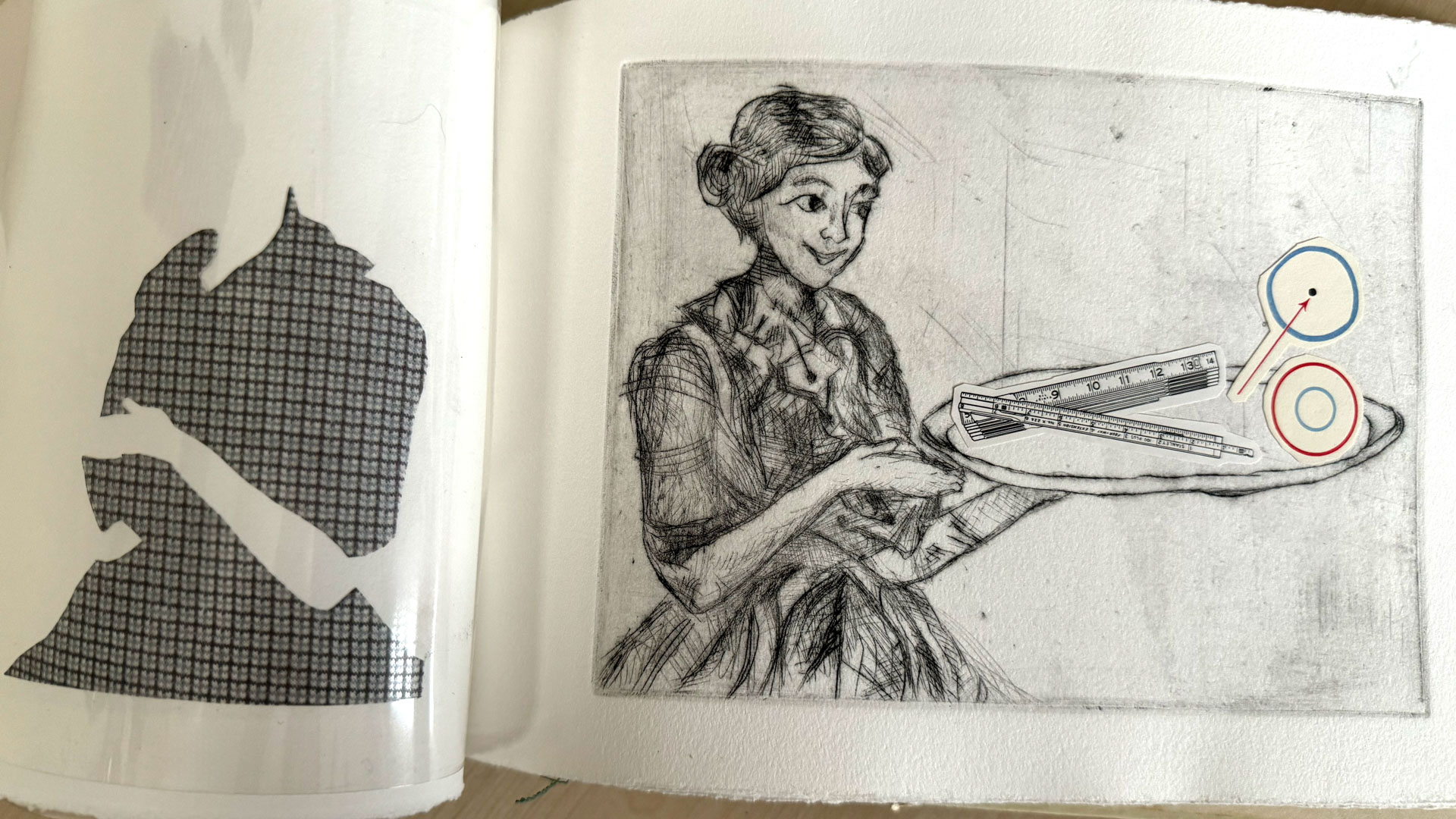 book with hardware binding, copperplate etching, mixed-media collage