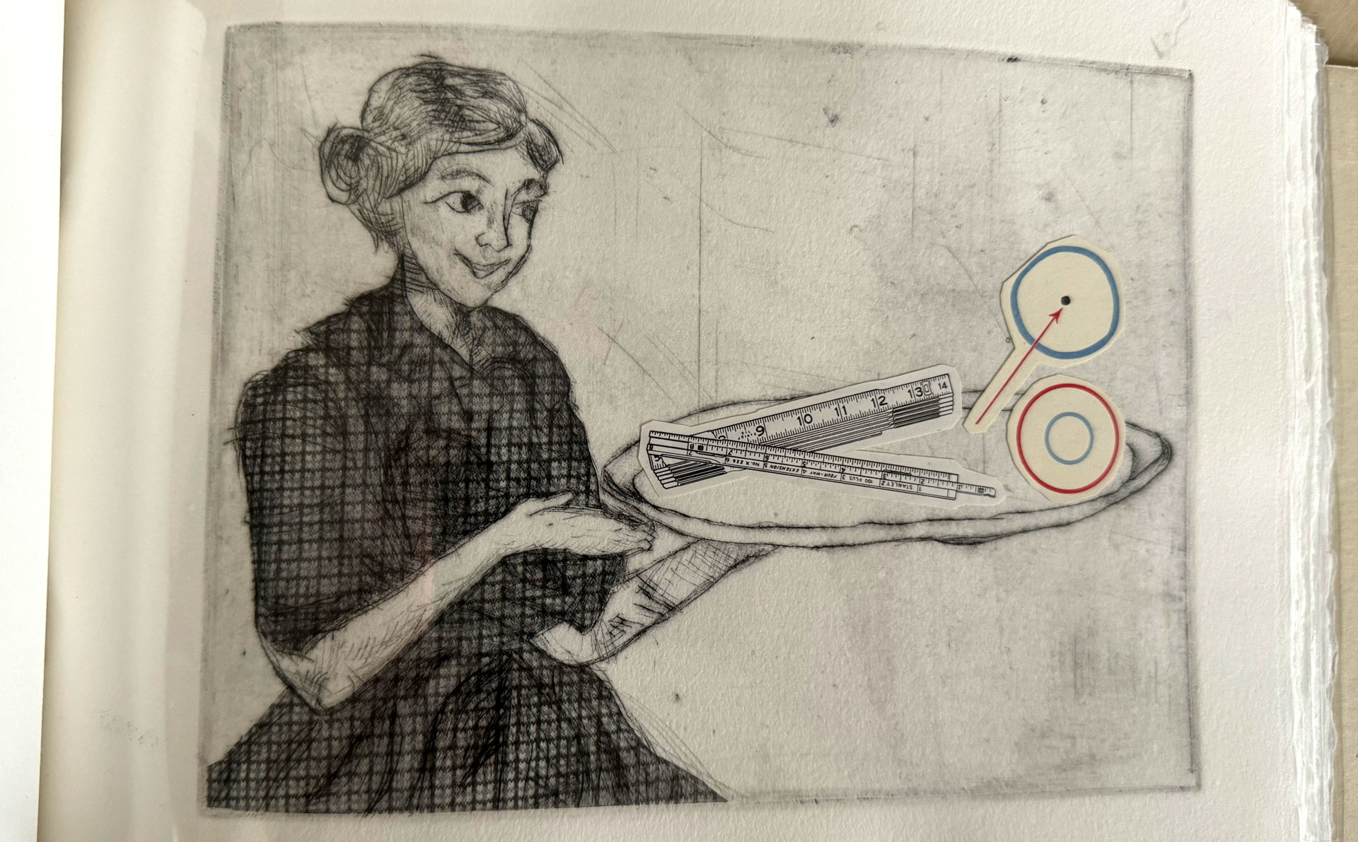 book with hardware binding, copperplate etching, mixed-media collage