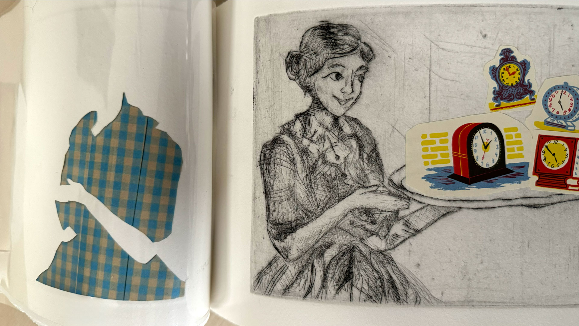 book with hardware binding, copperplate etching, mixed-media collage