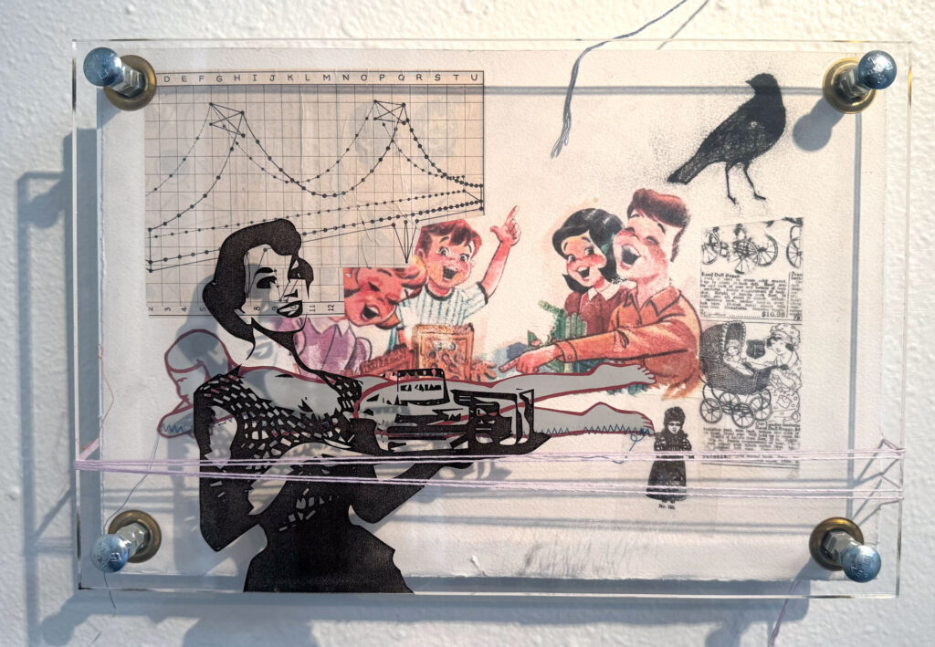 engraved 1950's women in black ink on clear acrylic with paper collage, mixed-media, print