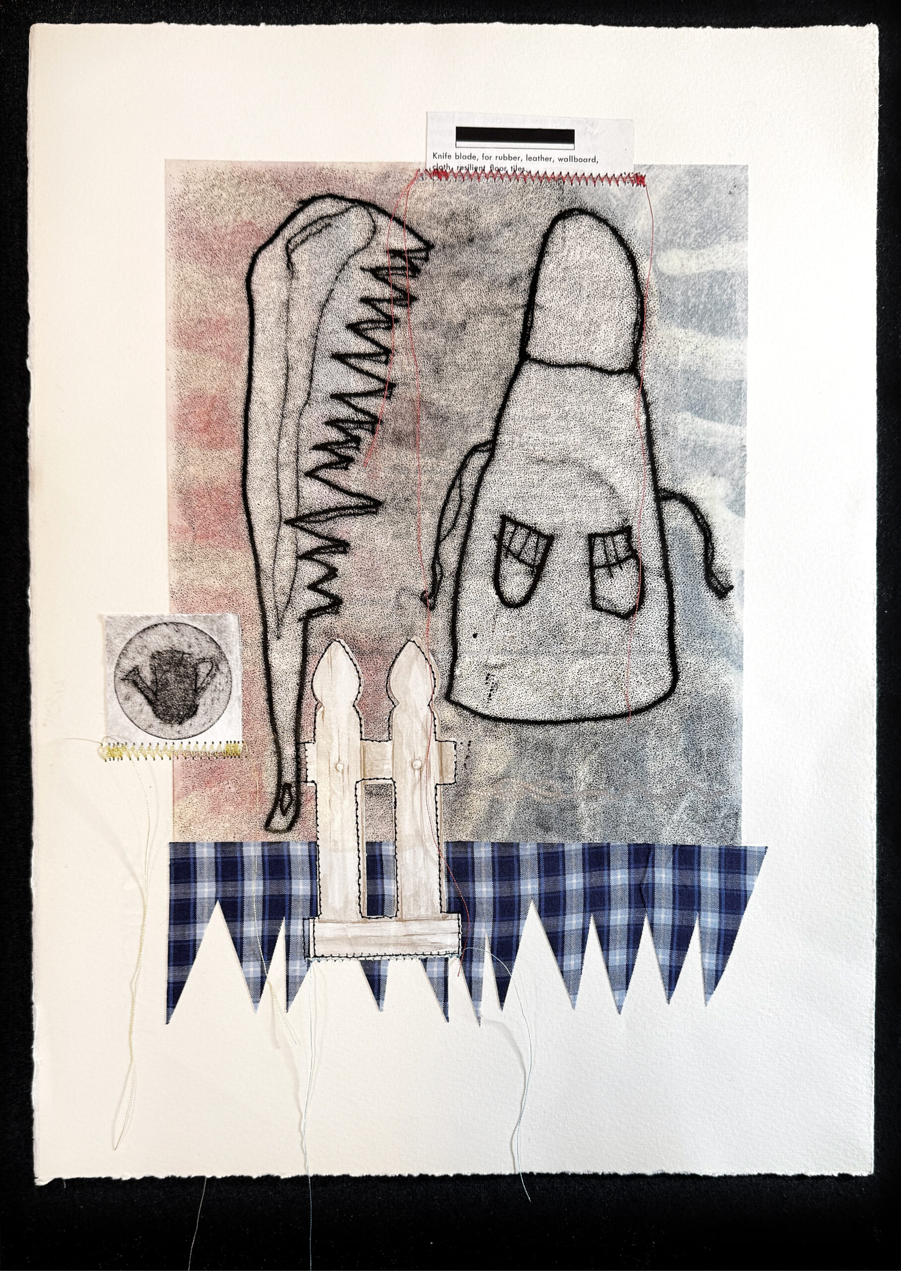 mixed-media artwork with domestic symbol monoprints