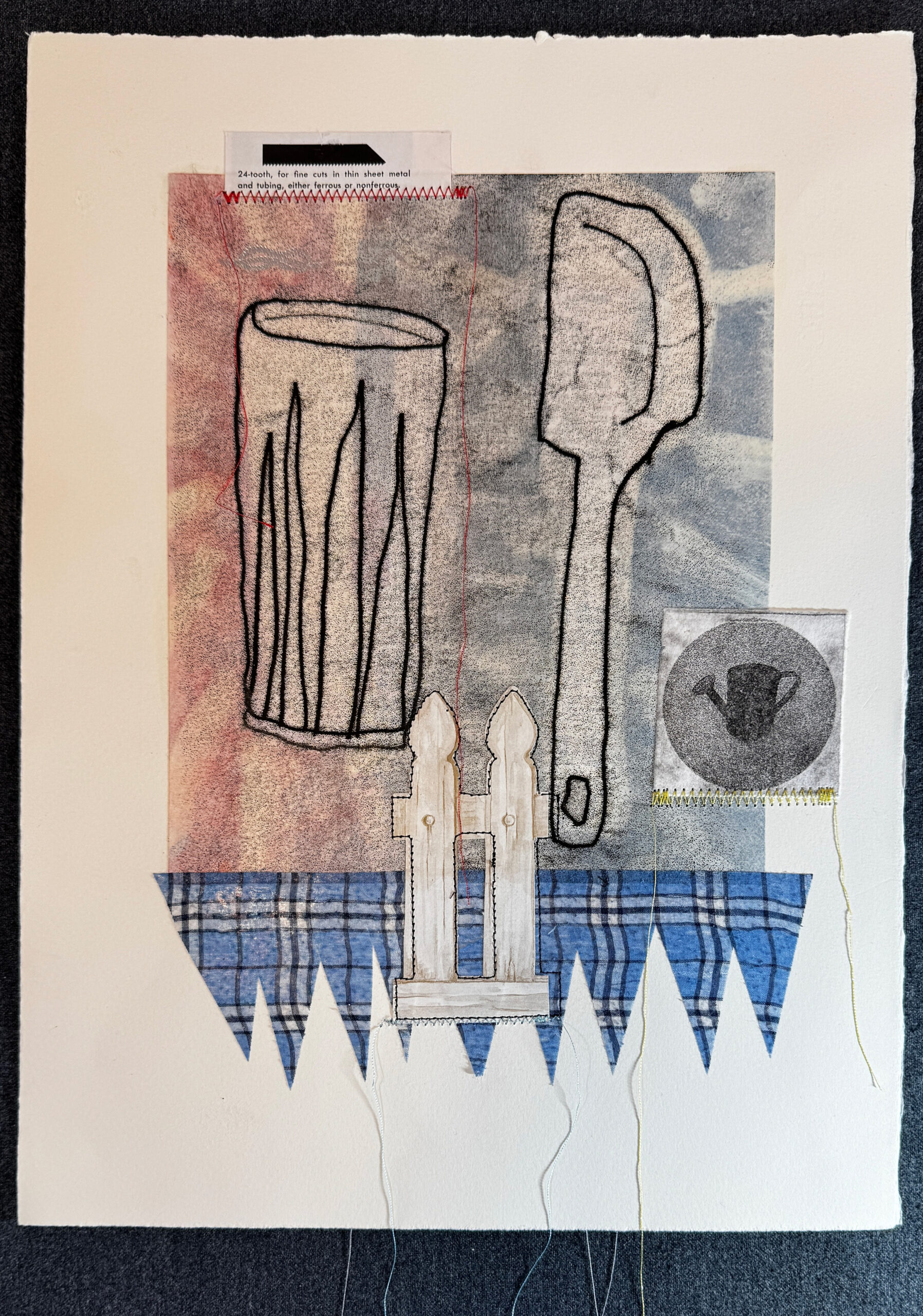 mixed-media artwork with domestic symbol monoprints