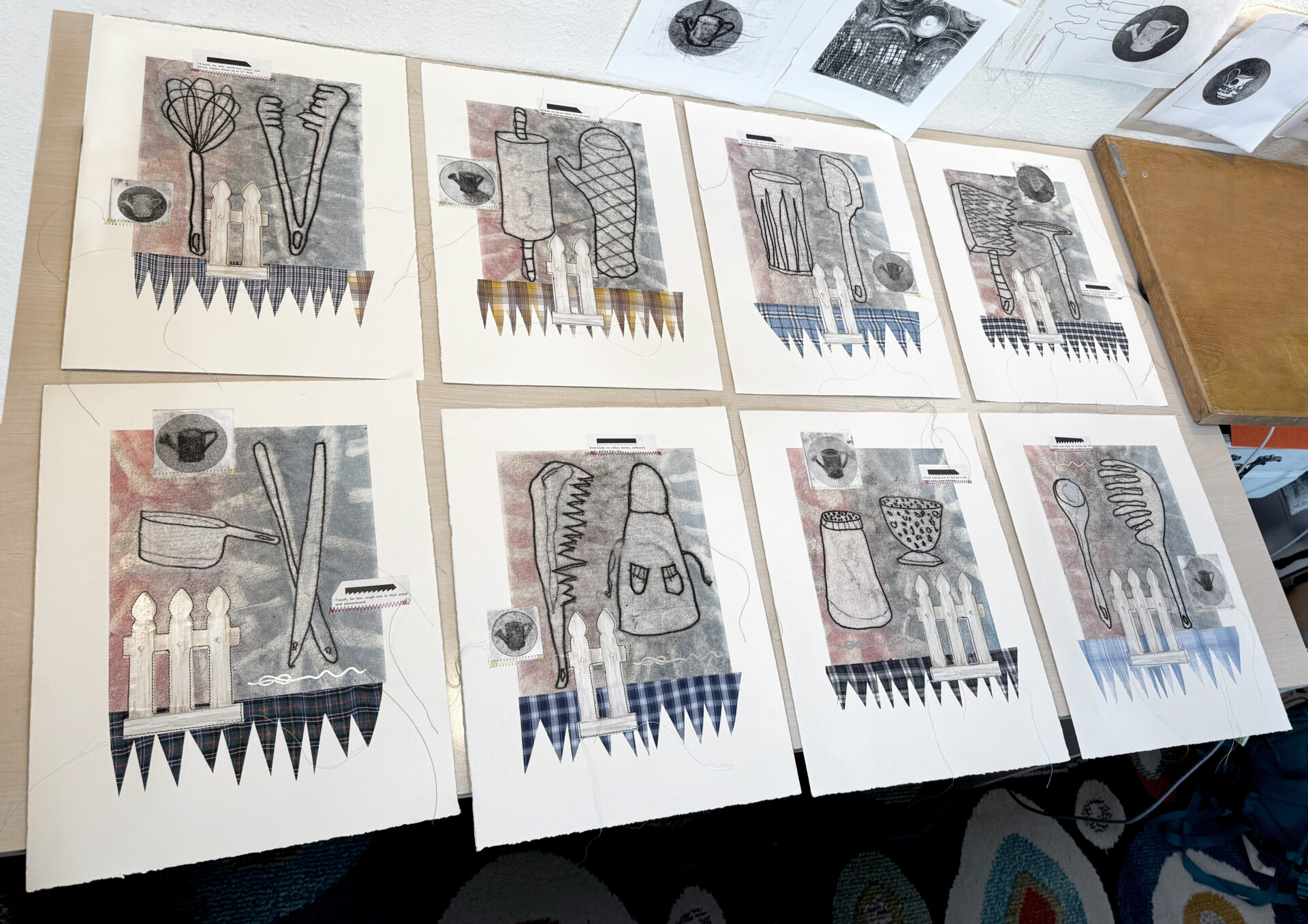 mixed-media artwork with domestic symbol monoprints