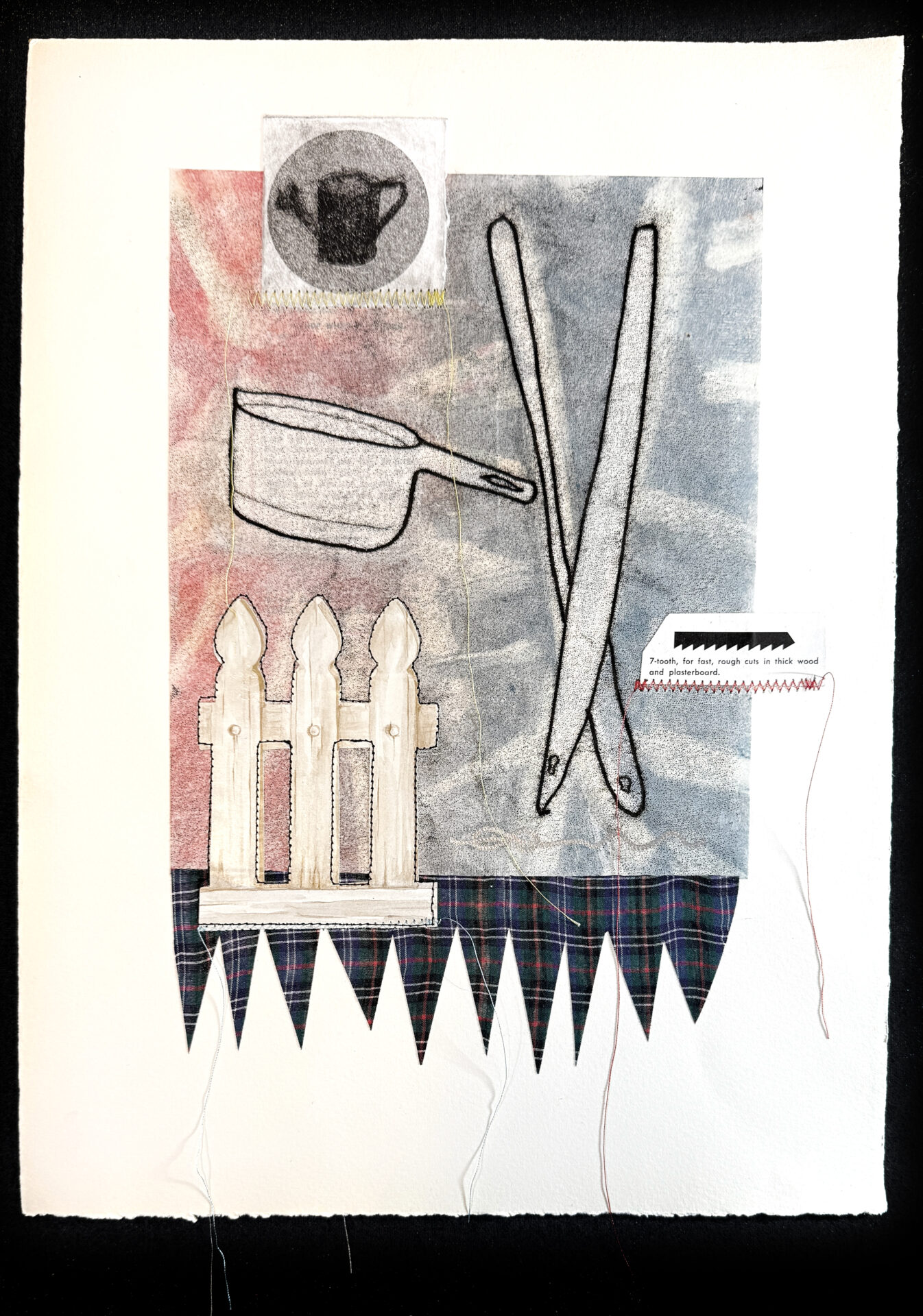 mixed-media artwork with domestic symbol monoprints