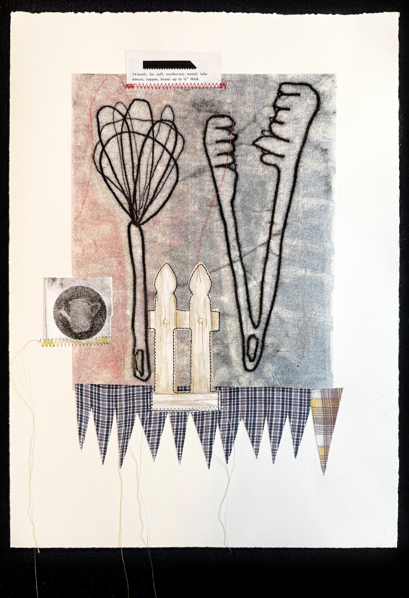 mixed-media artwork with domestic symbol monoprints