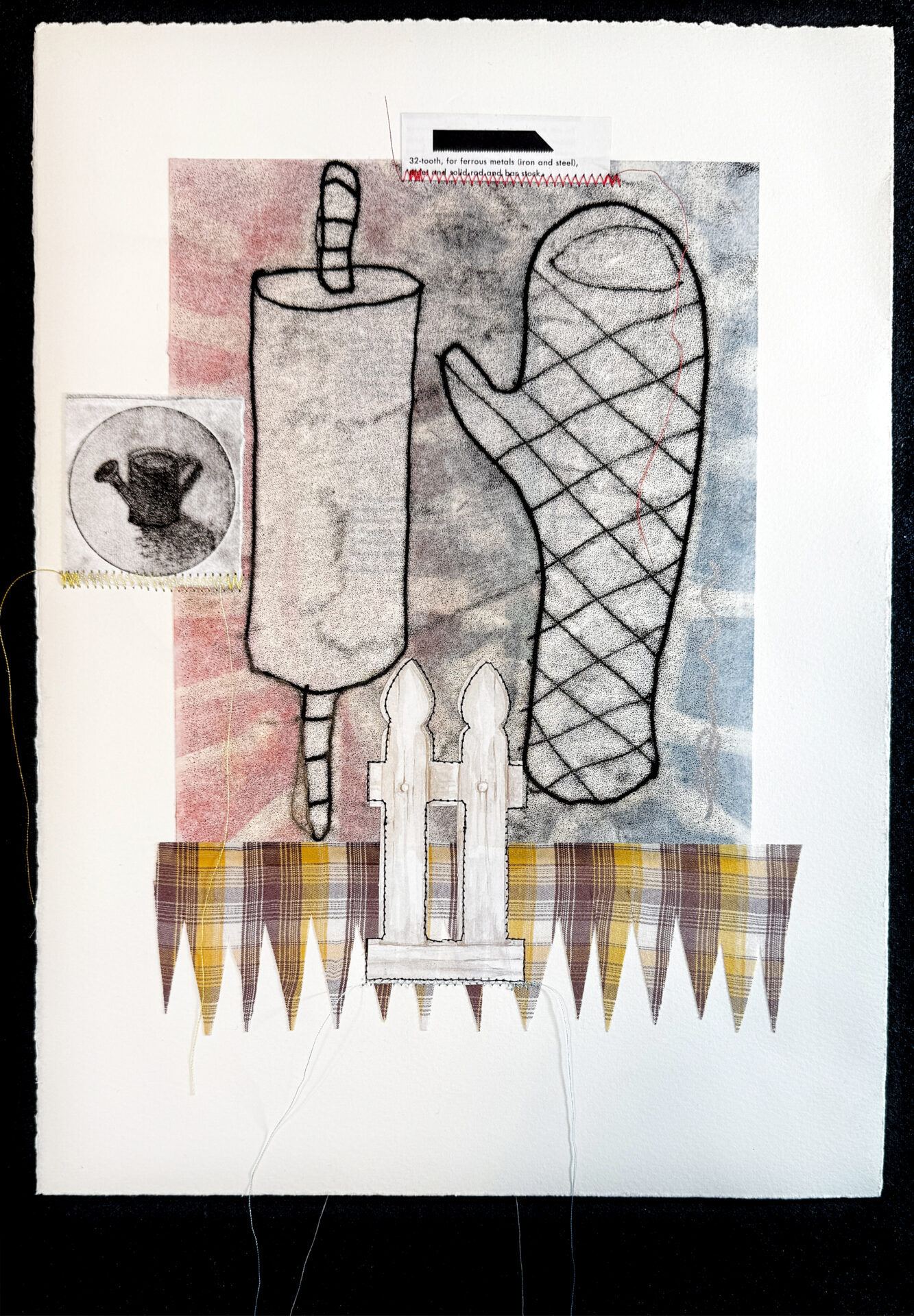 mixed-media artwork with domestic symbol monoprints