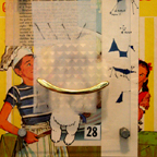 drawing, painting, collage, screws, nuts, door/drawer pulls, plexiglass