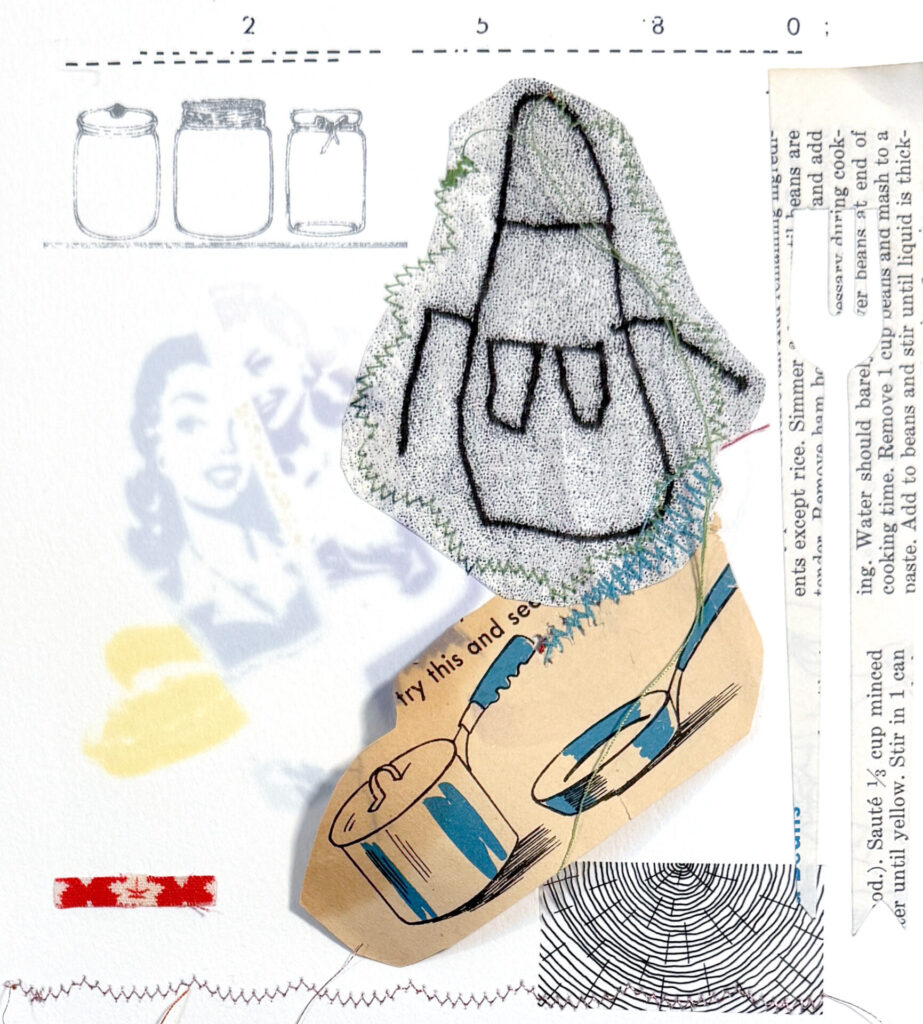 mixed-media collage, print, sewing with apron