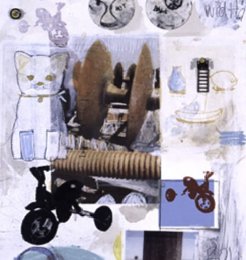 silkscreen, etching, lithography, oil painting legos, thread, mixed-media collage
