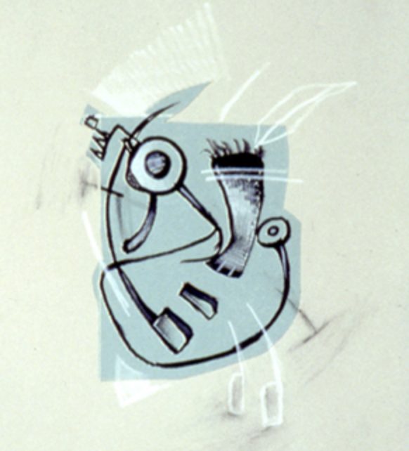 two colo lithograph, blue & black, on grey paper - abstract drawing