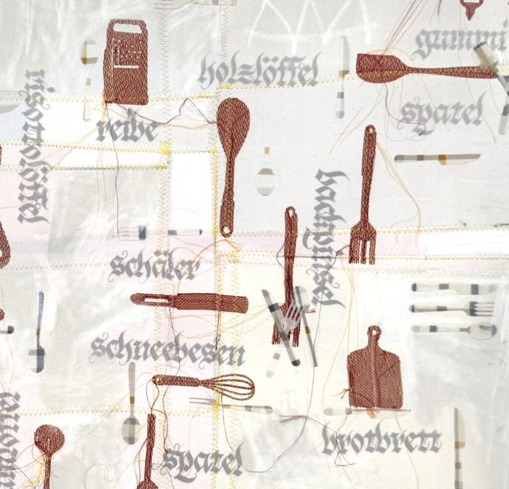 embroidery, transfer, collage on fabric - utensils, german names of utensils pictured
