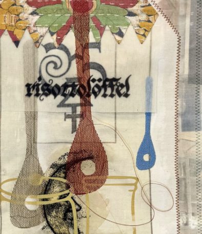 textile with monoprint, sewing, embroidery, fabric collage - hanging from wooden jars