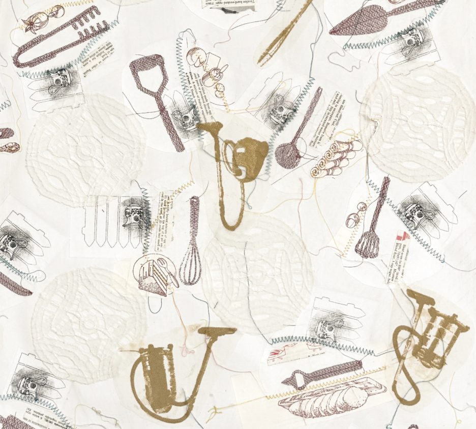 mixed-media on canvas of utensils with collage, sewing