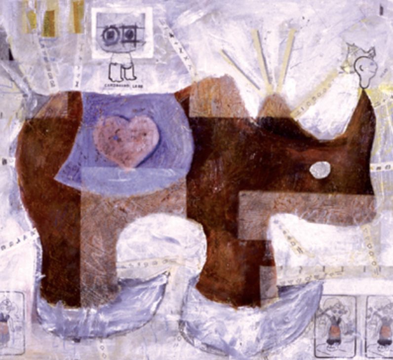 oil painting on canvas, mixed-media collage, gold leaf of animal