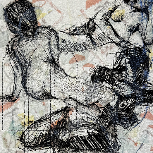 copperplate etching with embroidery, transfer - drawing of three women with fence