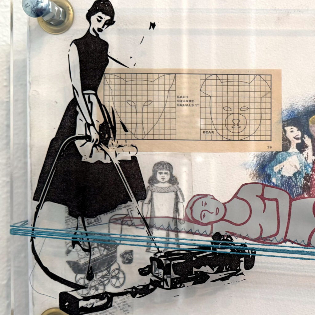 engraved 1950's women in black ink on clear acrylic with paper collage, mixed-media, print
