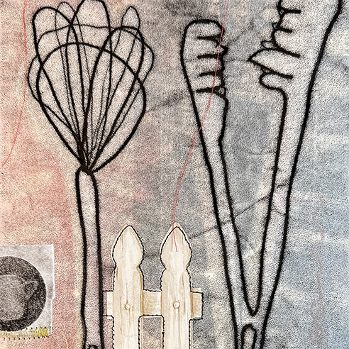 mixed-media artwork with domestic symbol monoprints